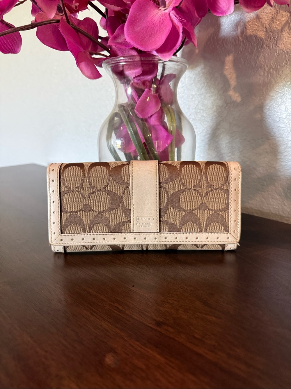 Coach Signature C Canvas in Brown and Tan with Cream Leather Trim Long Wallet